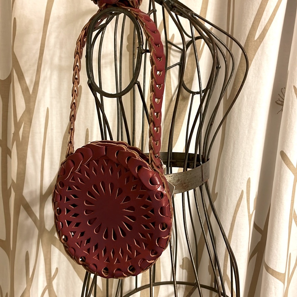 NWT Calvin Klein Deep Red Woven Leather Round Canteen Bag Boho